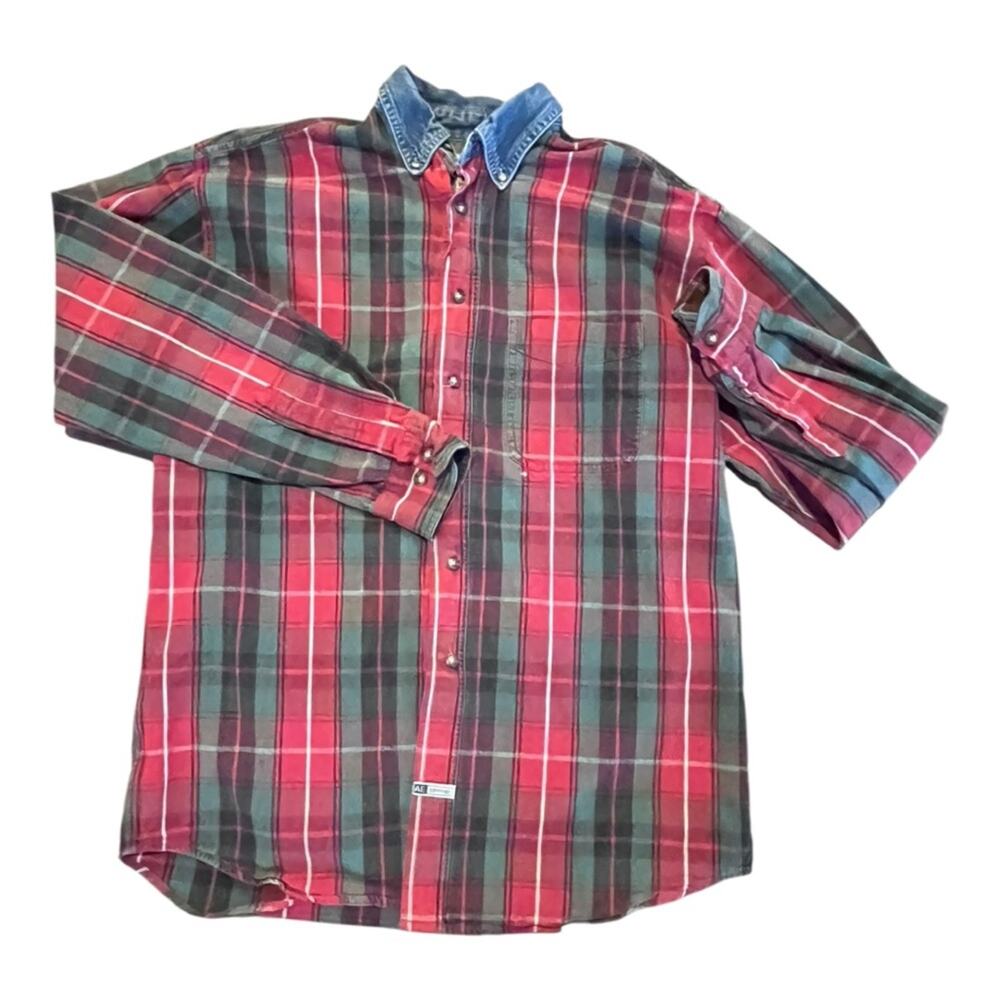 Y2K American Eagle Red Green Plaid Button-Up Shirt Denim Collar L Rugged Preppy